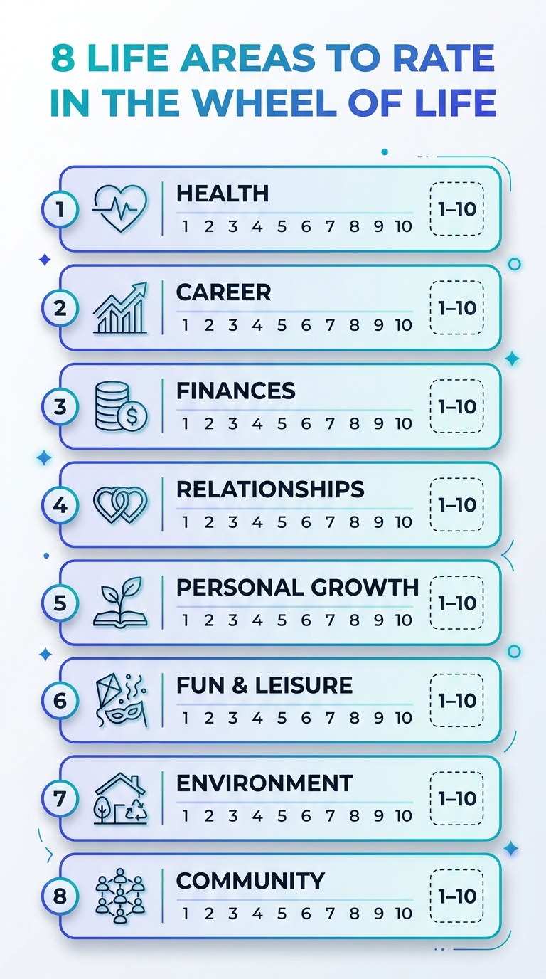 Wheel of Life assessment infographic showing 8 life areas rated on a colorful chart for balance and well-being.