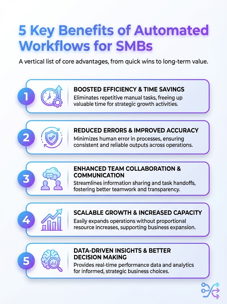 Infographic illustrating 5 key benefits of automated workflows for SMBs, boosting efficiency and productivity.
