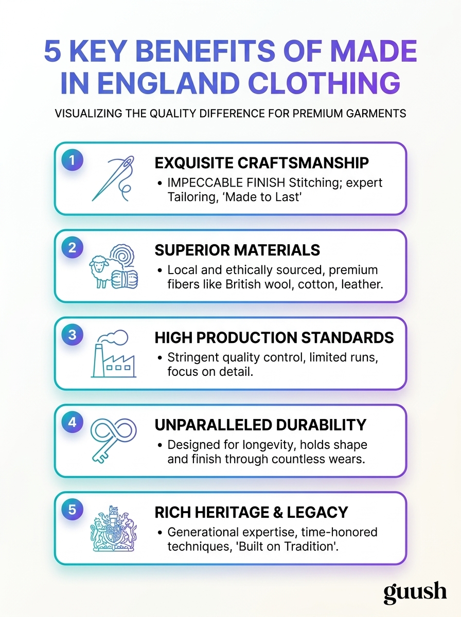 Infographic: Why Made in England Clothing Represents the Peak of Quality, highlighting 5 key benefits.