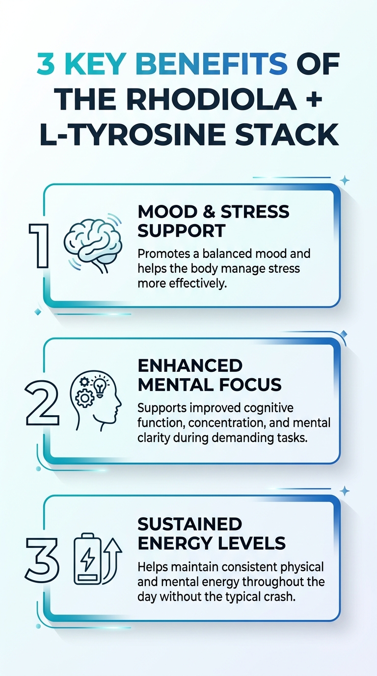 Stack variations infographic showing three ways to build your rhodiola tyrosine stack