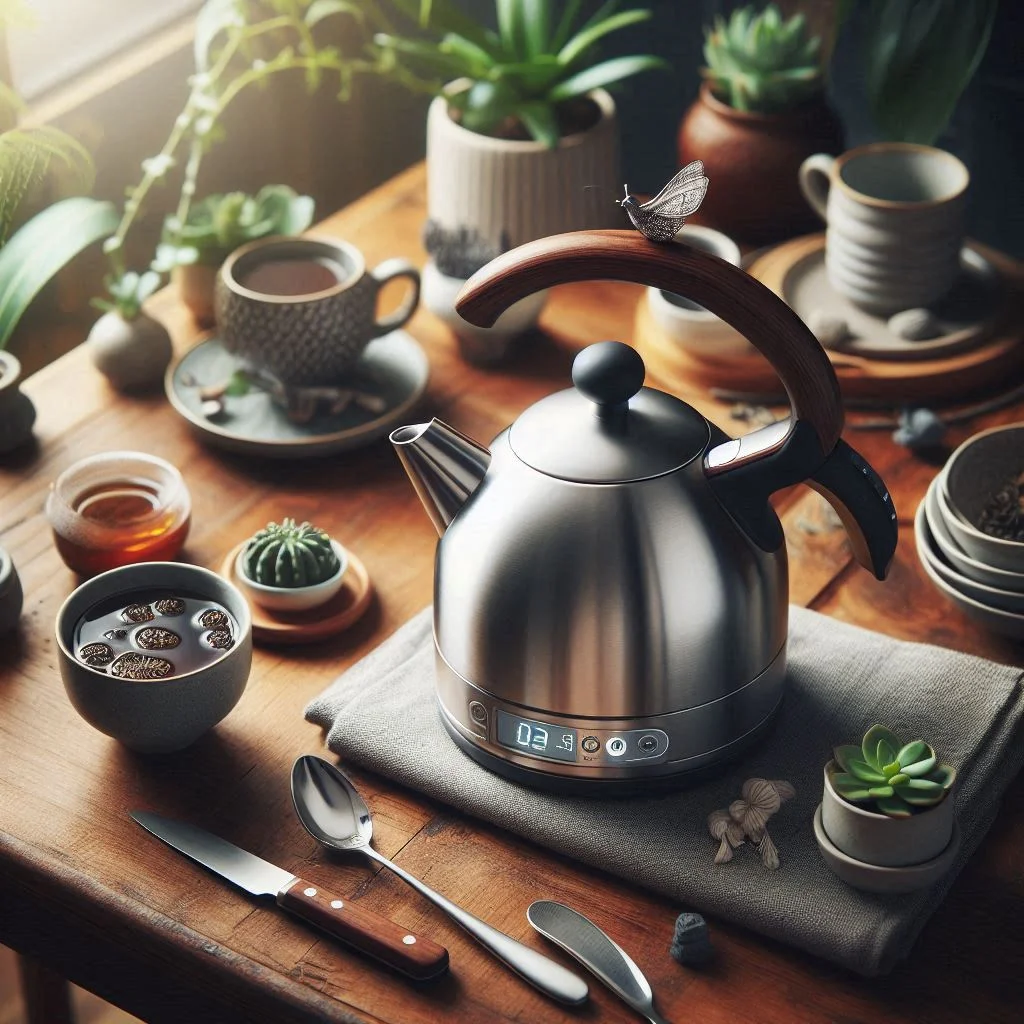 Stainless steel kettle with a curved spout and wooden handle