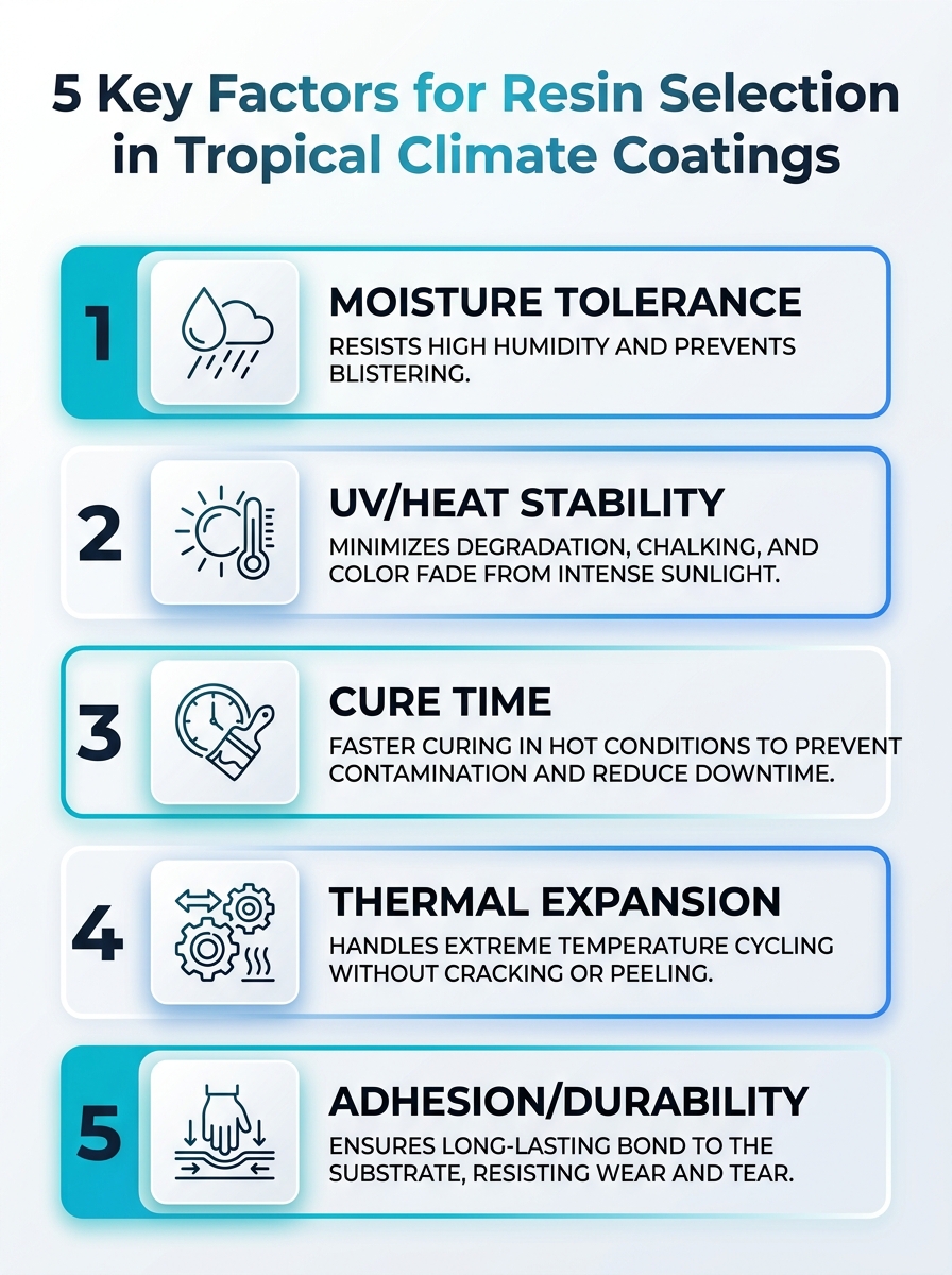 Infographic showing 5 factors for resin selection in tropical climate coatings