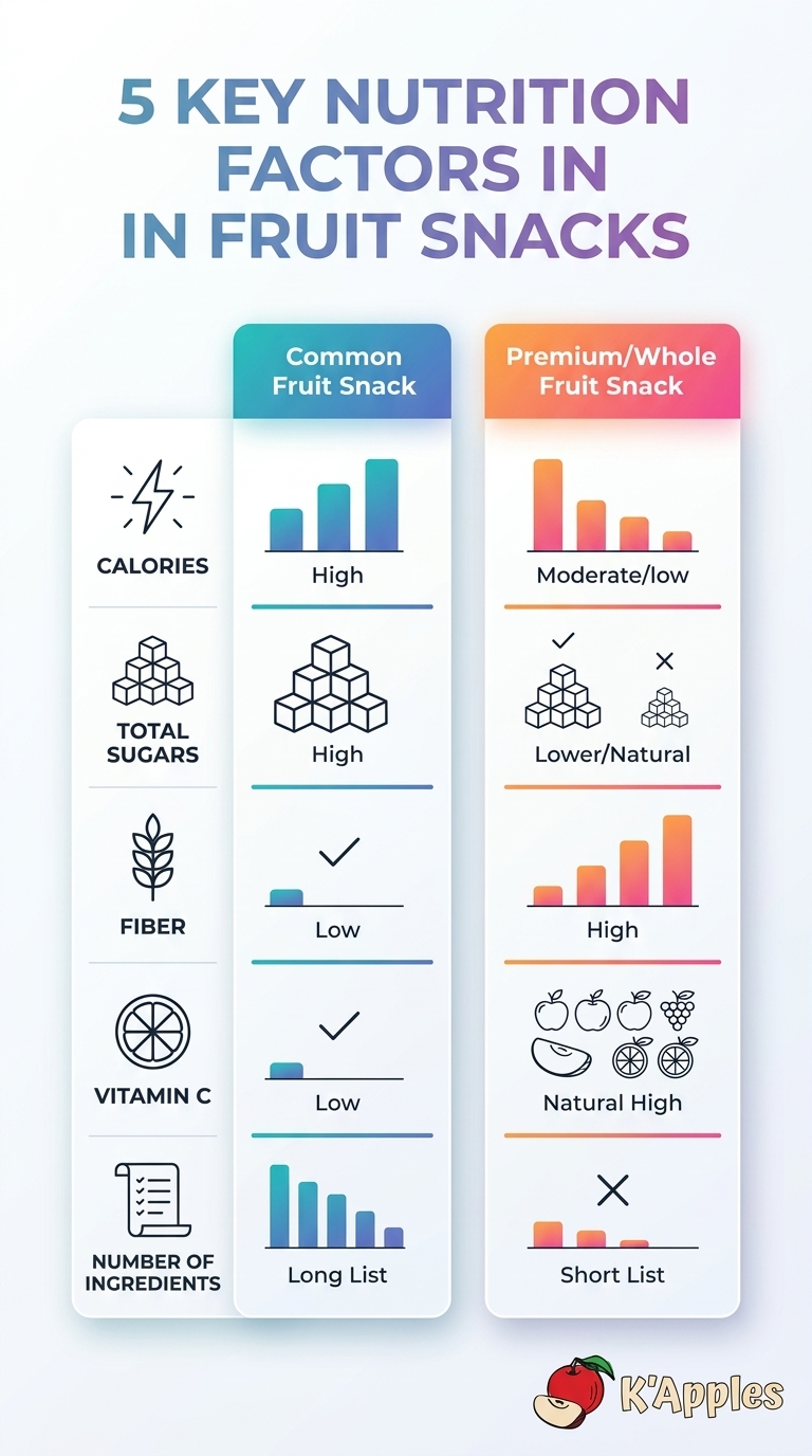 Fruit snack nutrition comparison infographic showing five key nutrition factors in fruit snacks