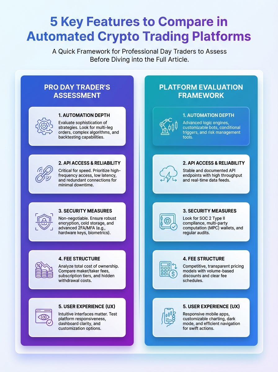 Top automated crypto trading platforms for professional day traders: 5 features to compare in the infographic.