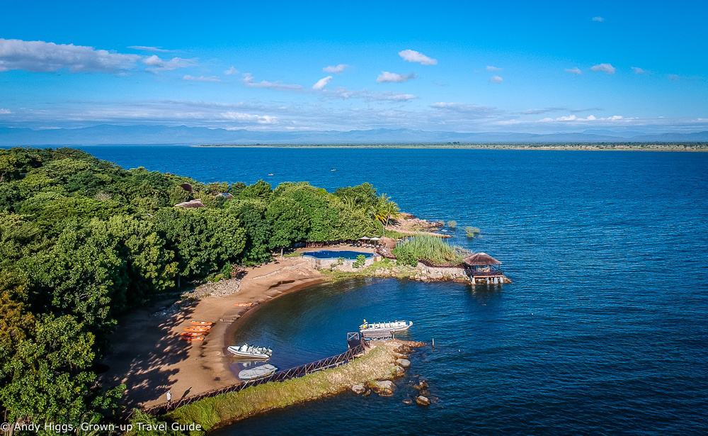 Aerial view of Blue Zebra Island Lodge on Lake Malawi