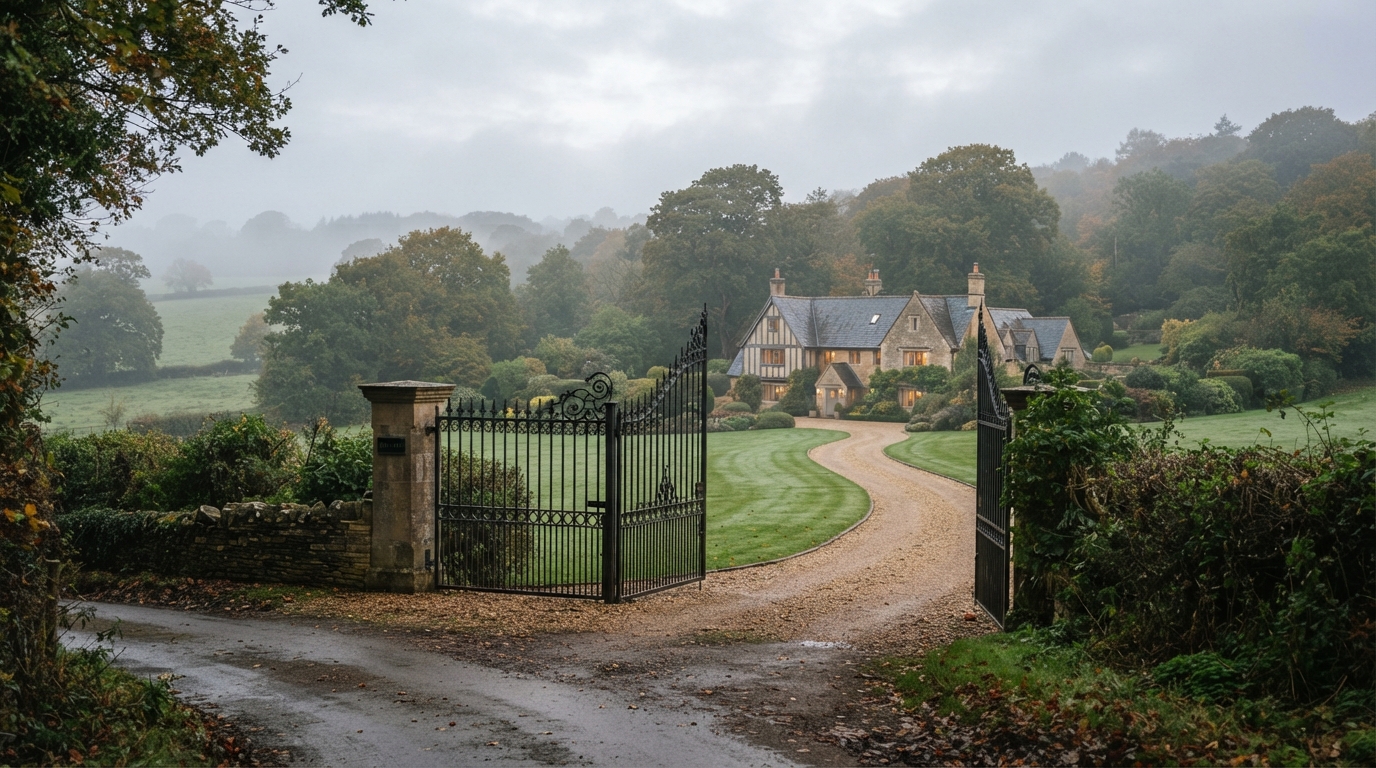 A secluded family home and surrounding land sit behind a wrought-iron gate in soft morning mist, viewed from the road.