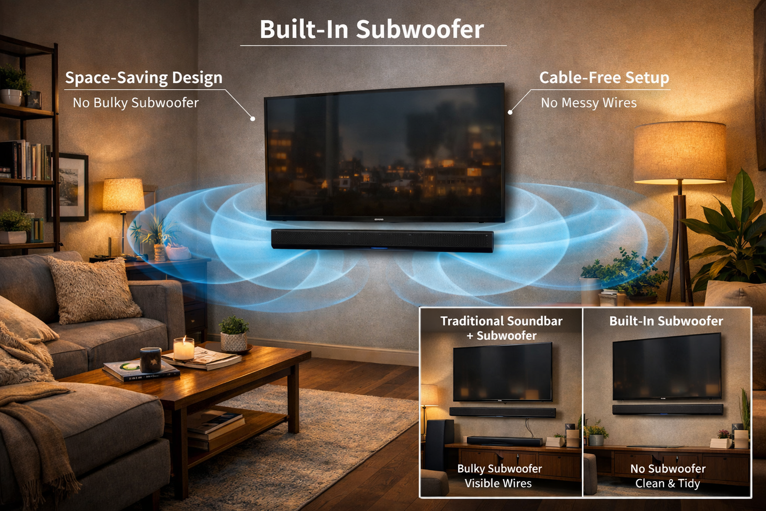 Modern living room with wall mounted soundbar setup