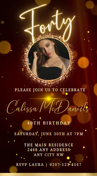 Maroon Gold Neon 40th Birthday Video Invitation