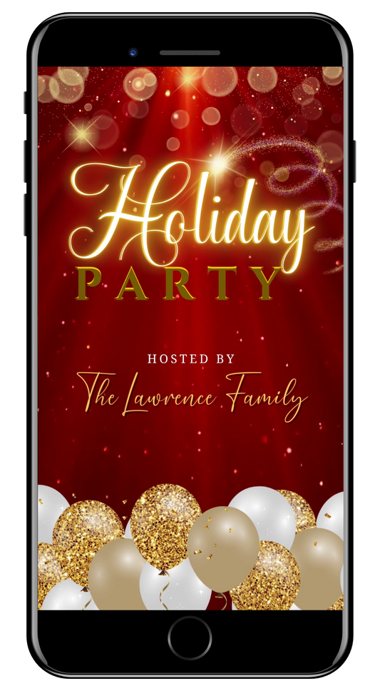 Red Gold Glitter Balloons Sparkle Christmas Video Invitation