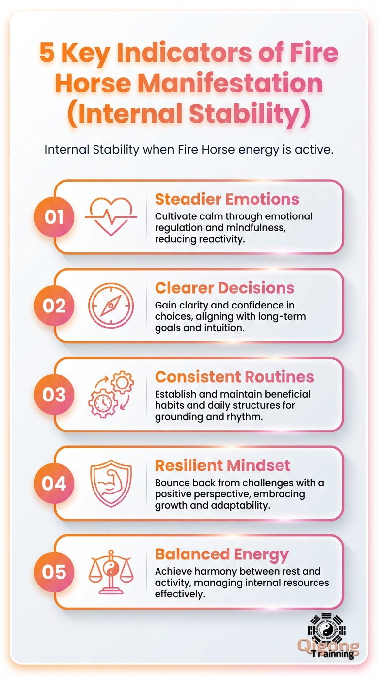 Fire Horse Manifestation (Internal Stability) infographic showing 5 key indicators of internal stability.