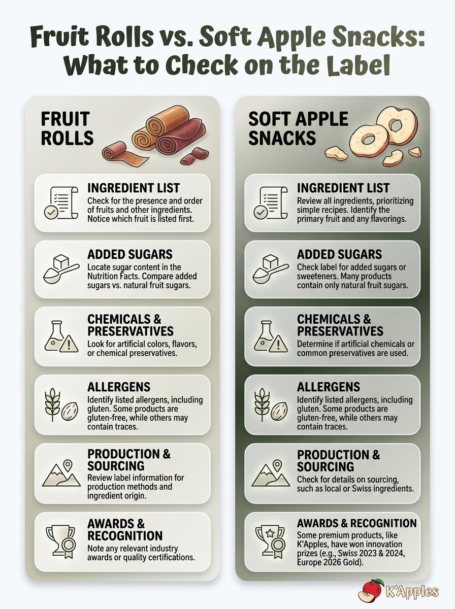 Infographie comparant les rouleaux de fruits et les en-cas moelleux à la pomme, avec les principaux éléments à vérifier sur l’étiquette.