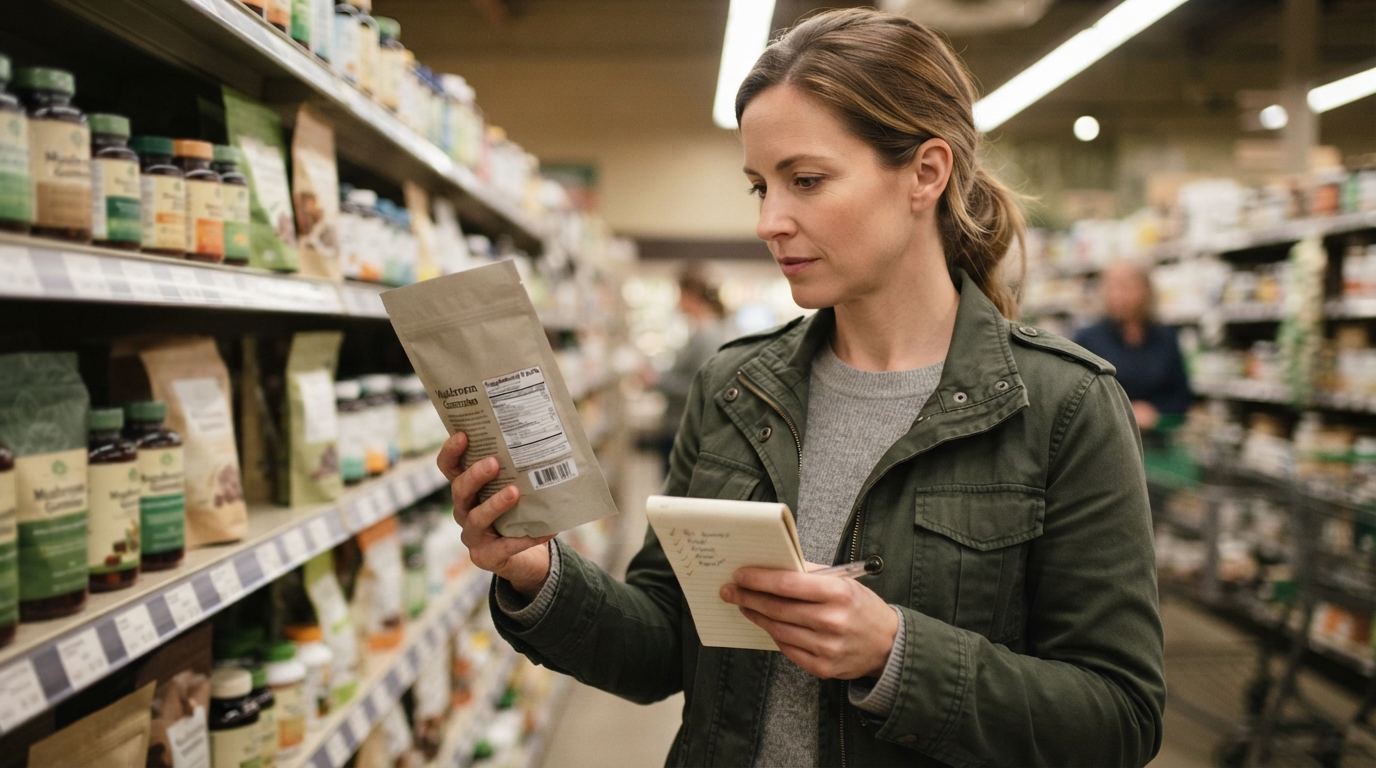 A shopper compares the ingredient panel on a plain gummy pouch with a handwritten checklist in a softly lit grocery aisle.