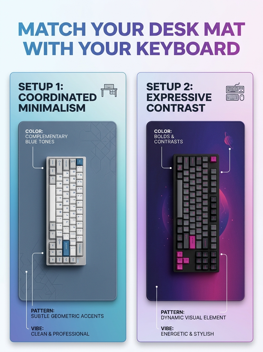 Infographic showing how to match a desk mat with your keyboard by coordinating colors and styles.