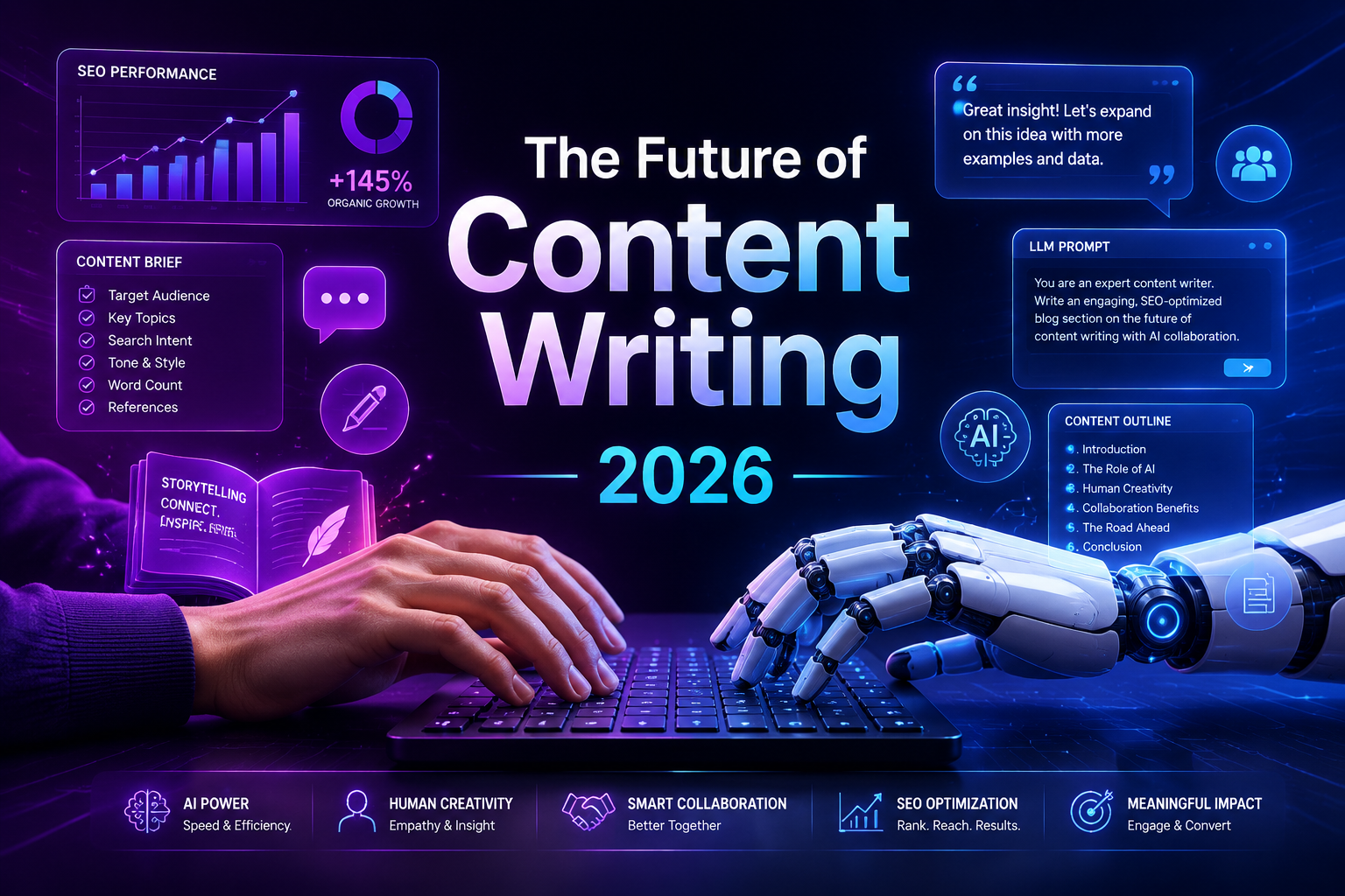 Image 3: Digital illustration, graphic design style, Detailed landscape format (1536x1024) concept illustration of AI and human collaboration in content writing. A human hand and a robotic arm both typing on the same keyboard, surrounded by floating icons: SEO graphs, speech bubbles, content briefs, LLM prompt windows, and storytelling book icons. Central text overlay reads 'The Future of Content Writing 2026'. Deep purple and electric blue gradient background, futuristic but approachable editorial style, high contrast professional quality.
