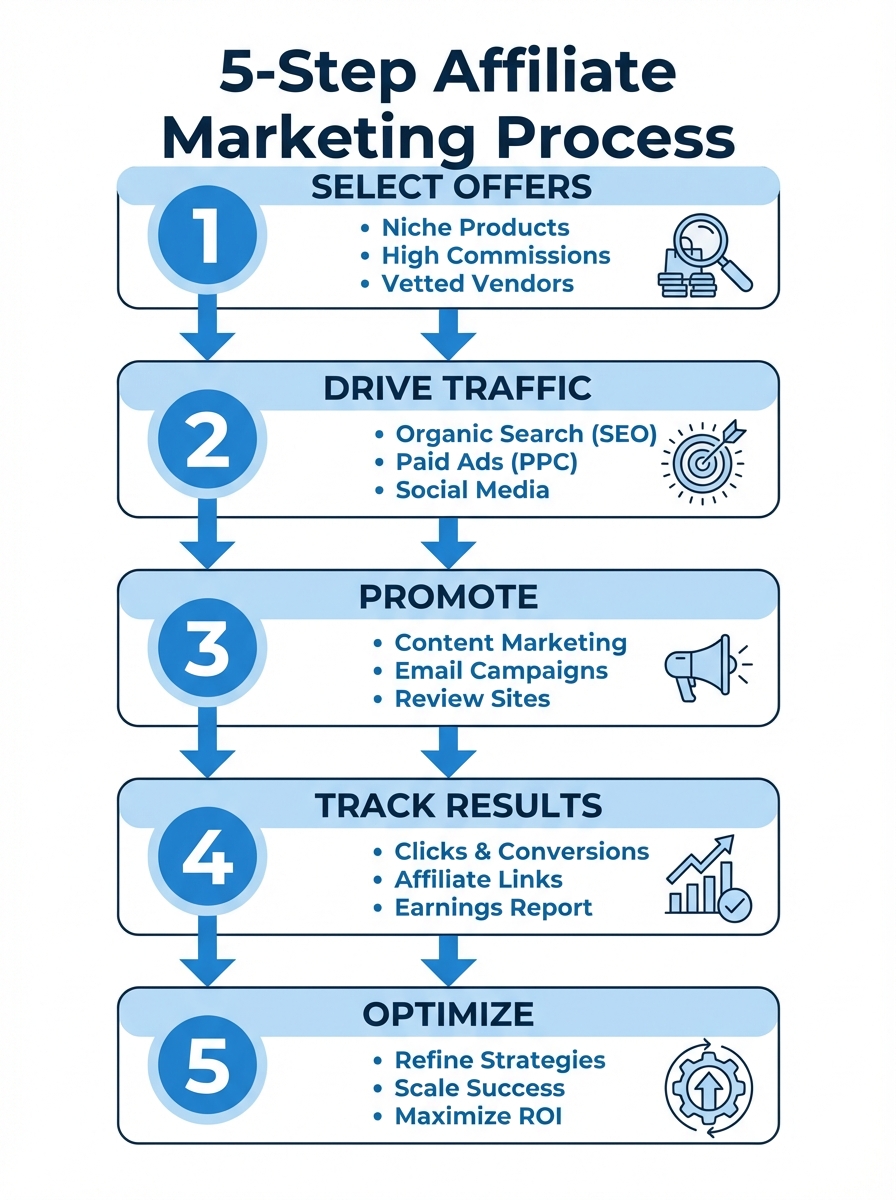 Illustration of the 5-step Affiliate Marketing process: plan, traffic, conversion, tracking, optimization.