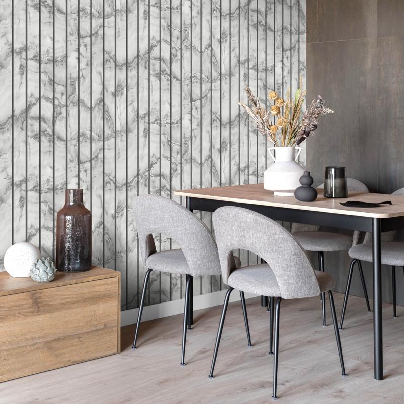 Marble Slat Panel Soft Grey Wallpaper Room View