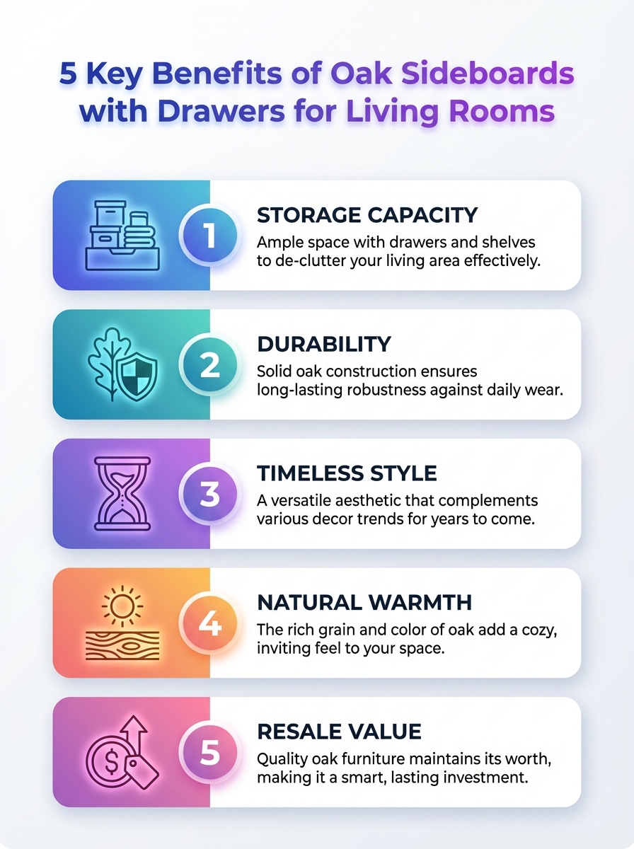 Infographic: 5 key benefits of Oak sideboards with drawers for living rooms.