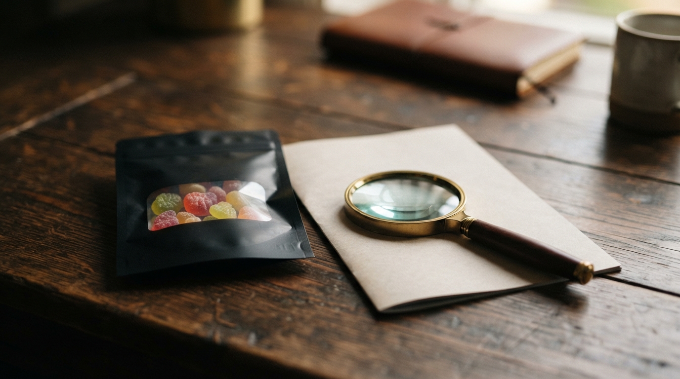 A sealed pouch of gummy sweets sits beside a UK legal guidance leaflet and magnifying glass on a dark wooden table under