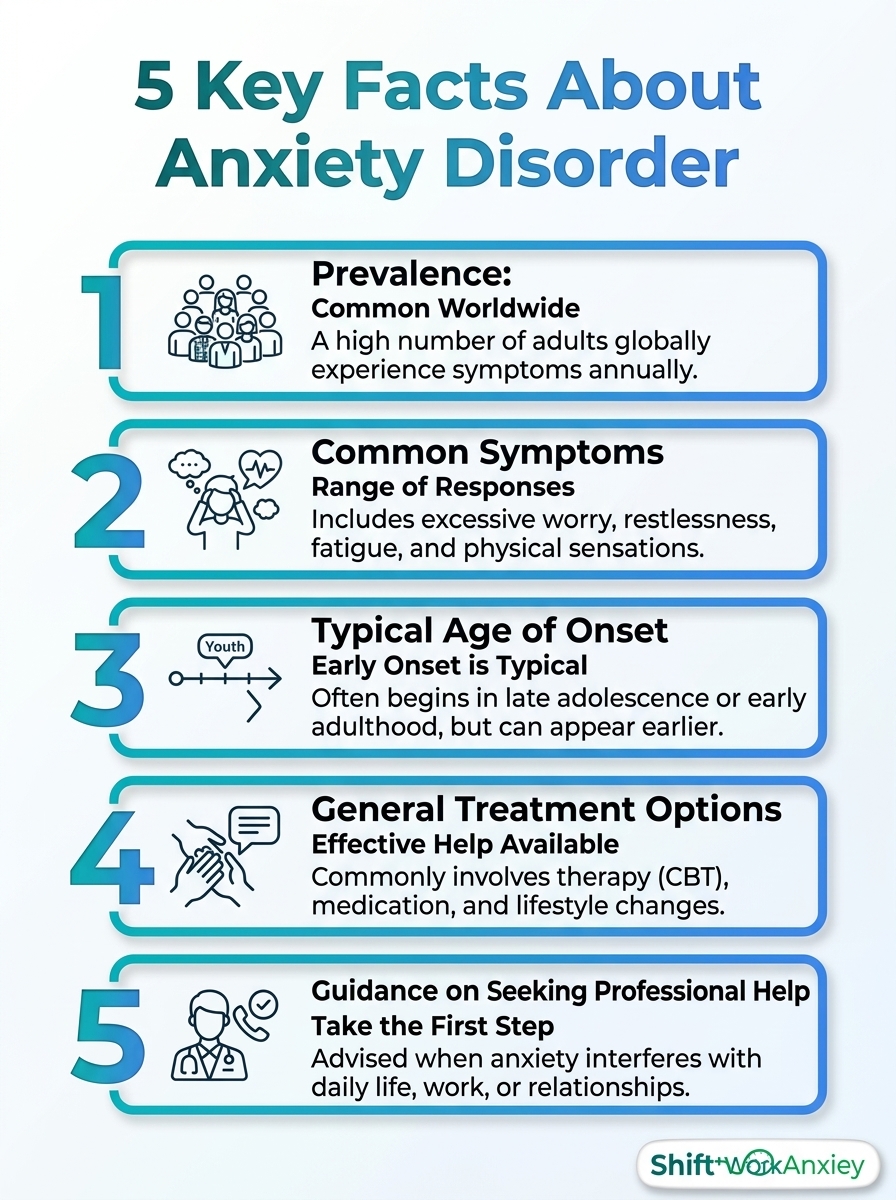 Infographic of 5 key facts about anxiety disorder: causes, symptoms, prevalence, treatment, and coping.
