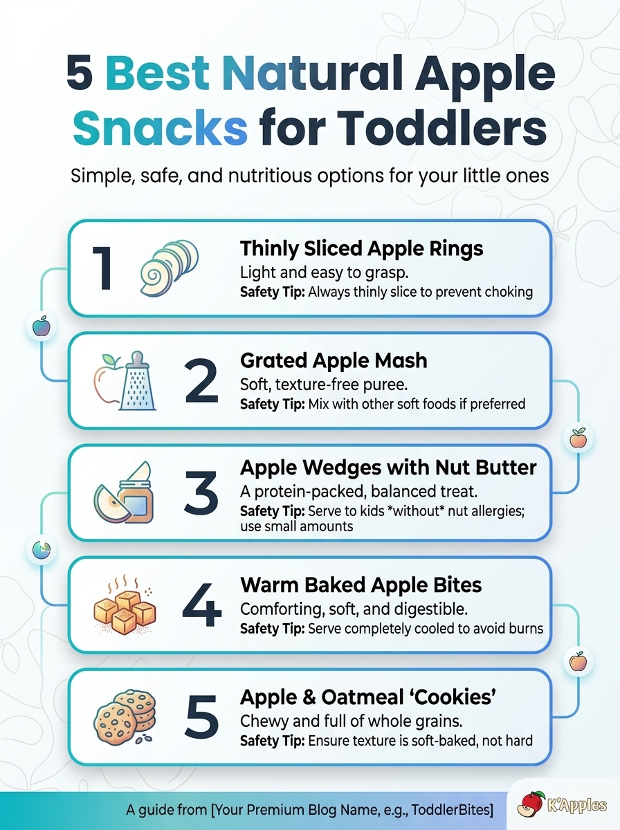 Infografik mit den 5 besten natürlichen Apfelsnacks für Kleinkinder und kleine Kinder, die gesunde Snackideen hervorhebt.