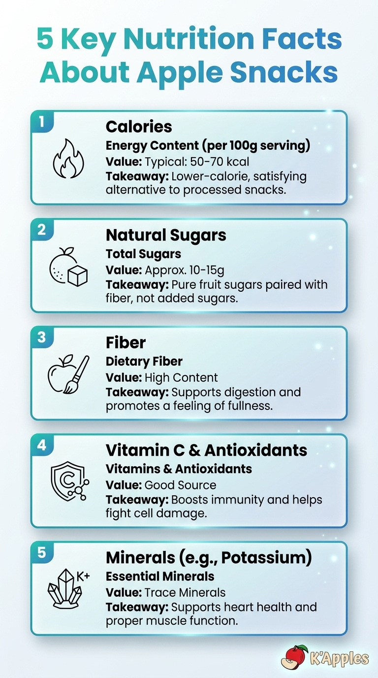Infografik mit 5 wichtigen Nährwertangaben zu Apfelsnacks – Nährwertangaben zu Apfelsnacks.