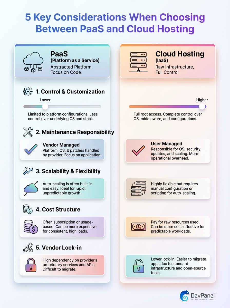 Comparison chart of PaaS vs Cloud Hosting cost models 2026.