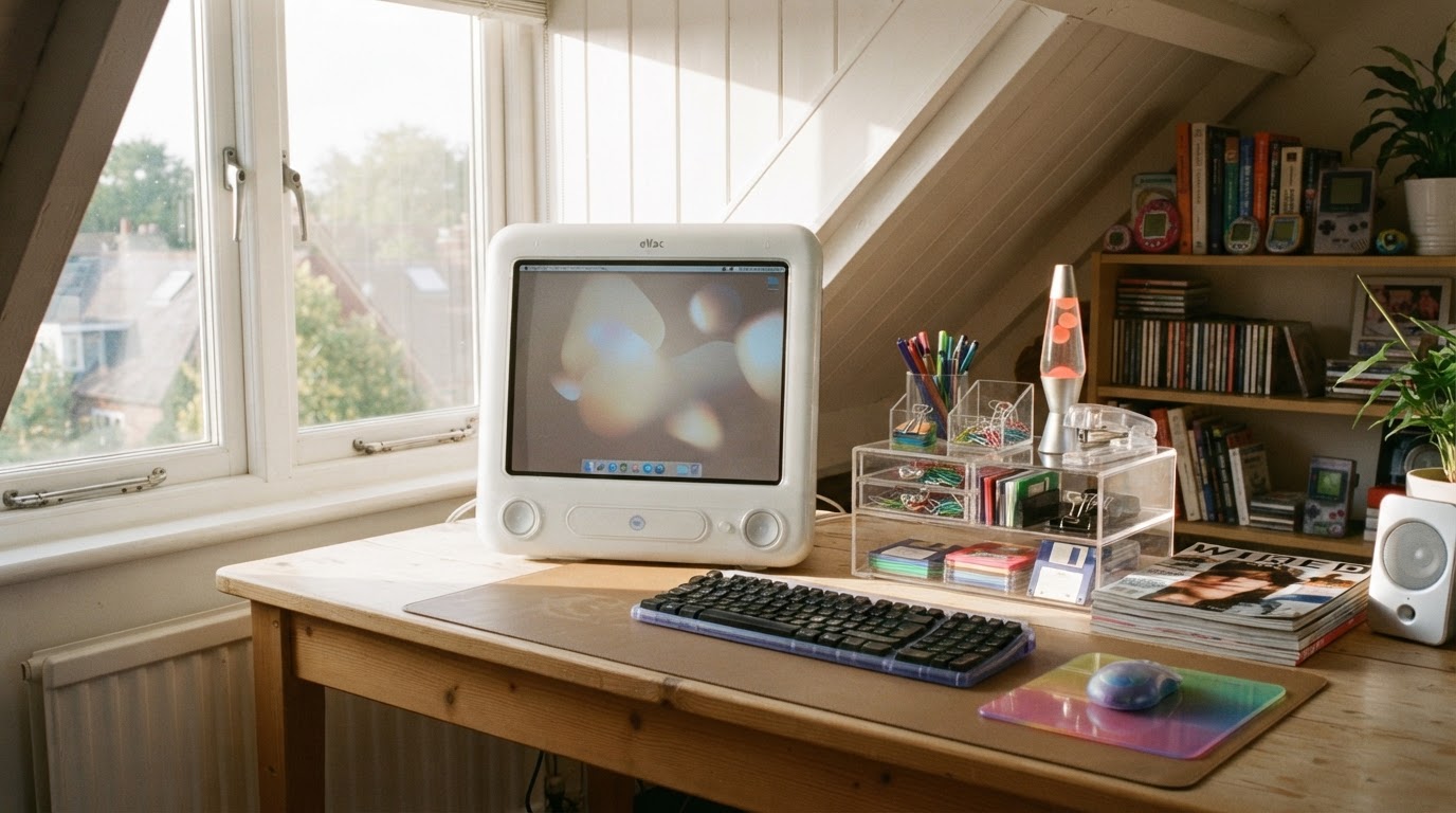 A wide, empty attic workspace pairs a silver CRT monitor with a clear acrylic organizer and metallic accessories in bright