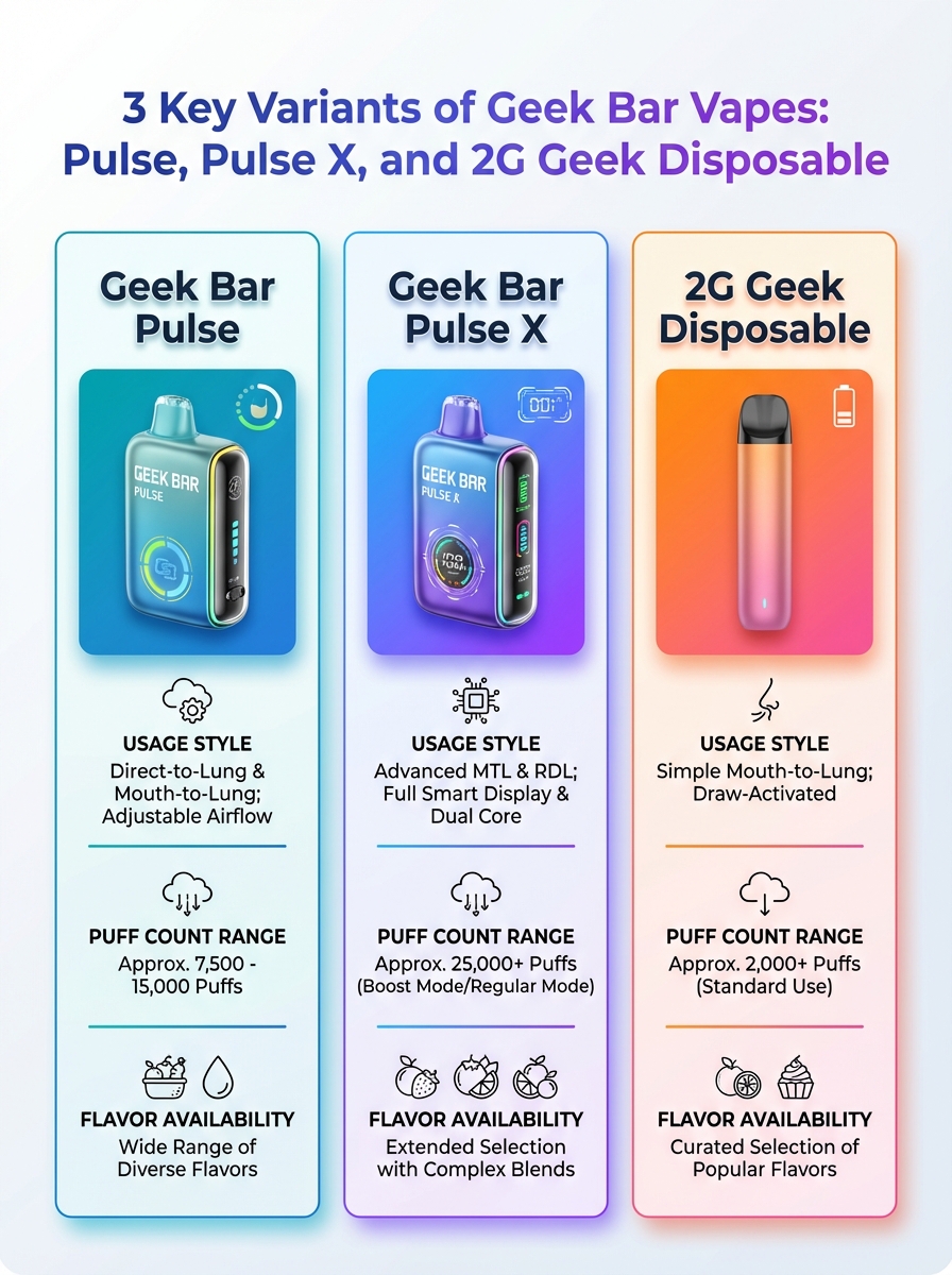 Infographic showing 3 Geek Bar vape variants: Pulse, Pulse X, 2G Disposable; what is a geek bar vape, geekbar yart.