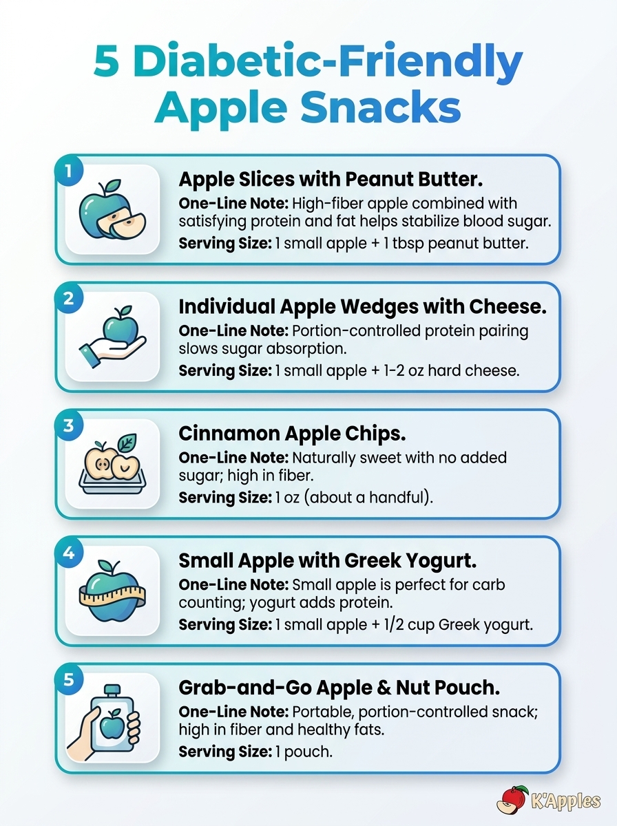 Infographic highlighting 5 diabetic-friendly apple snacks with portions and nutrition tips.