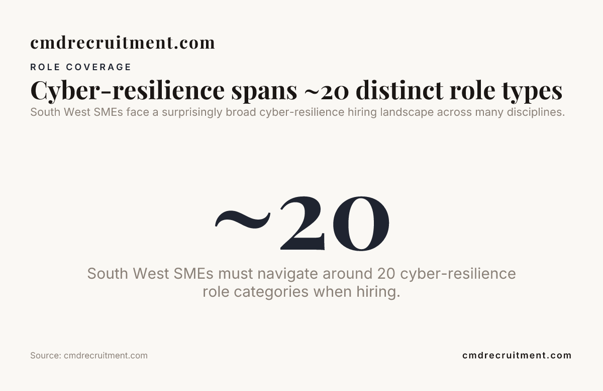 Cyber-resilience spans ~20 distinct role types — data from cmdrecruitment.com