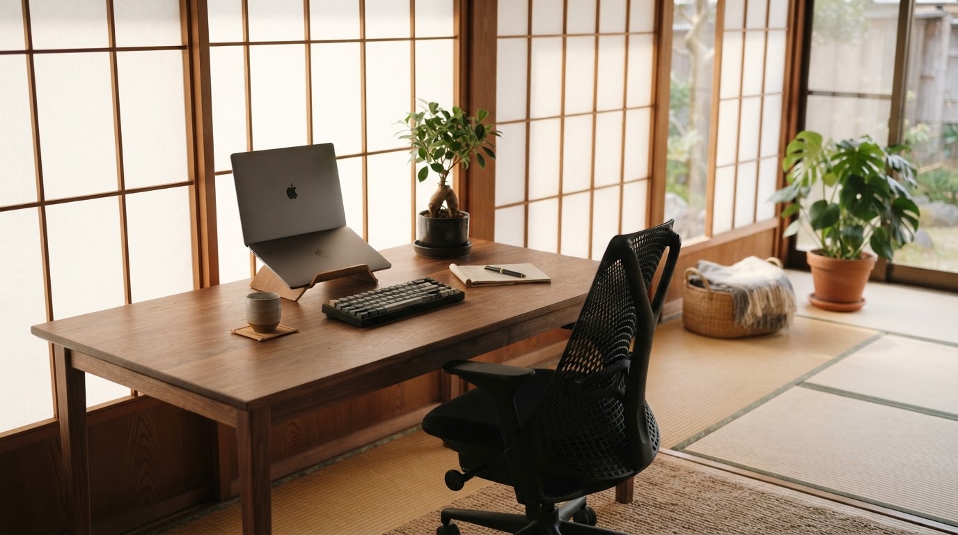 A quiet workspace with a simple wood desk, ergonomic chair, leafy plant, and open floor beside a shoji screen in afternoon