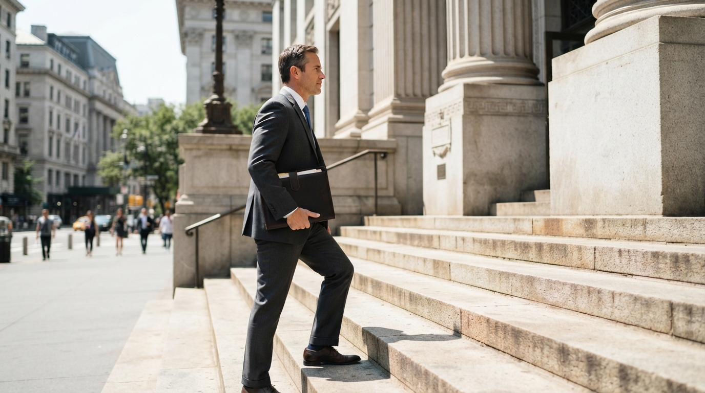 A person carrying a folder marked with a trust agreement approaches courthouse steps beneath stark midday light.