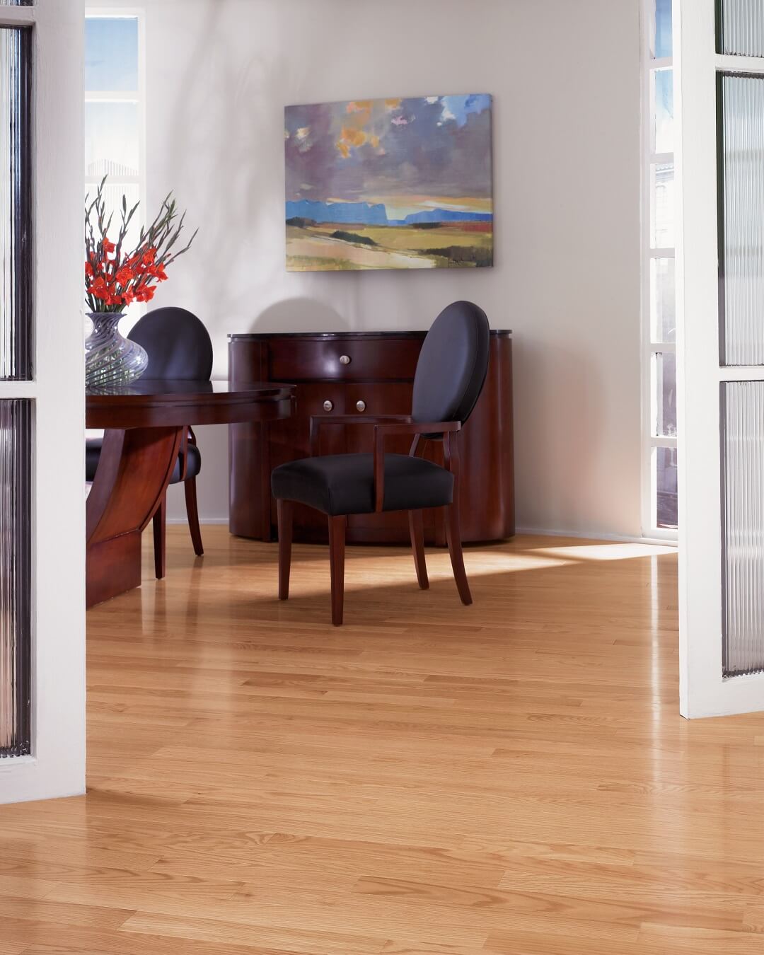 Wire brushed red oak engineered hardwood with a low gloss finish