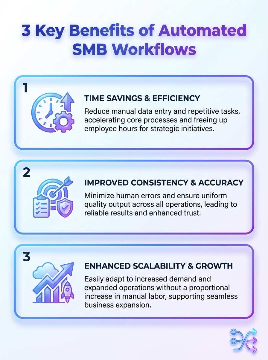 Infographic showing 3 key benefits of automated SMB workflows: improved efficiency, cost savings, and scalable processes.