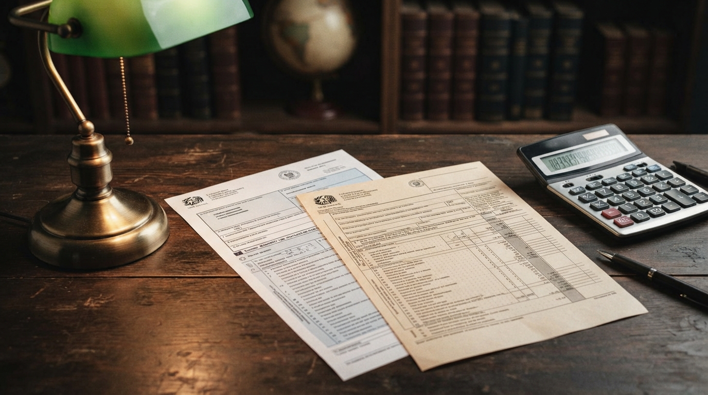 Two overlapping tax assessment notices from different countries lie beside a calculator on a dark wooden desk under a single