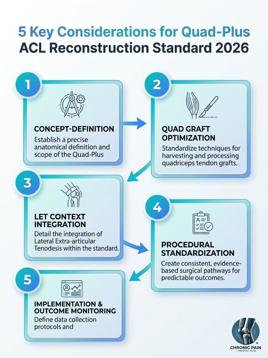 Infographic showing 5 key considerations for the Quad-Plus ACL Reconstruction Standard 2026.