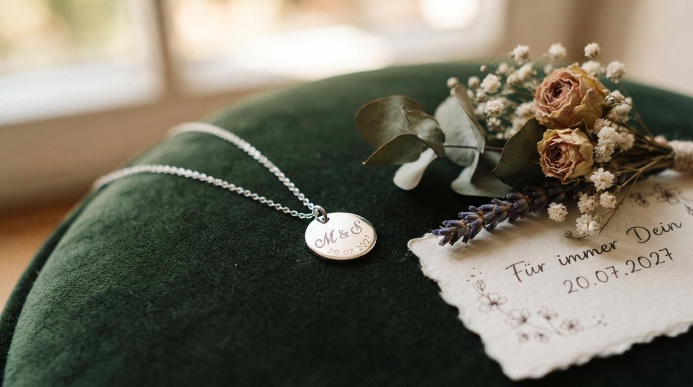 A silver pendant engraved with initials rests beside dried flowers and a handwritten wedding note on dark velvet in soft