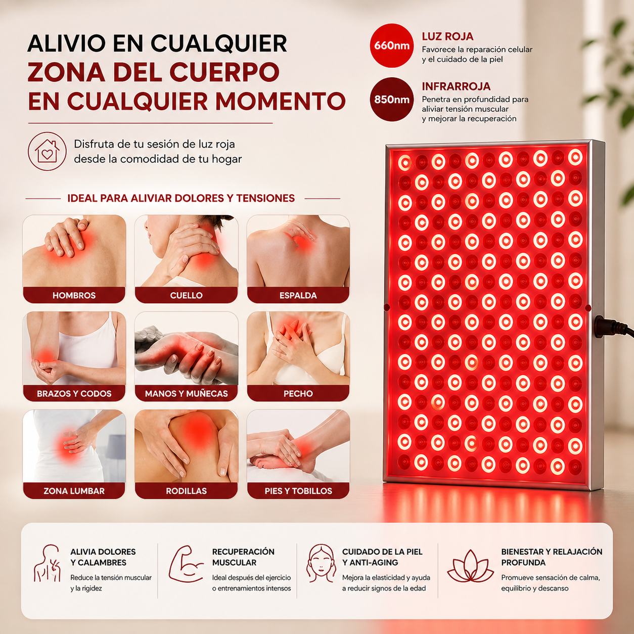 Panel de Terapia de Luz Roja LED 225 – Recuperación muscular y bienestar