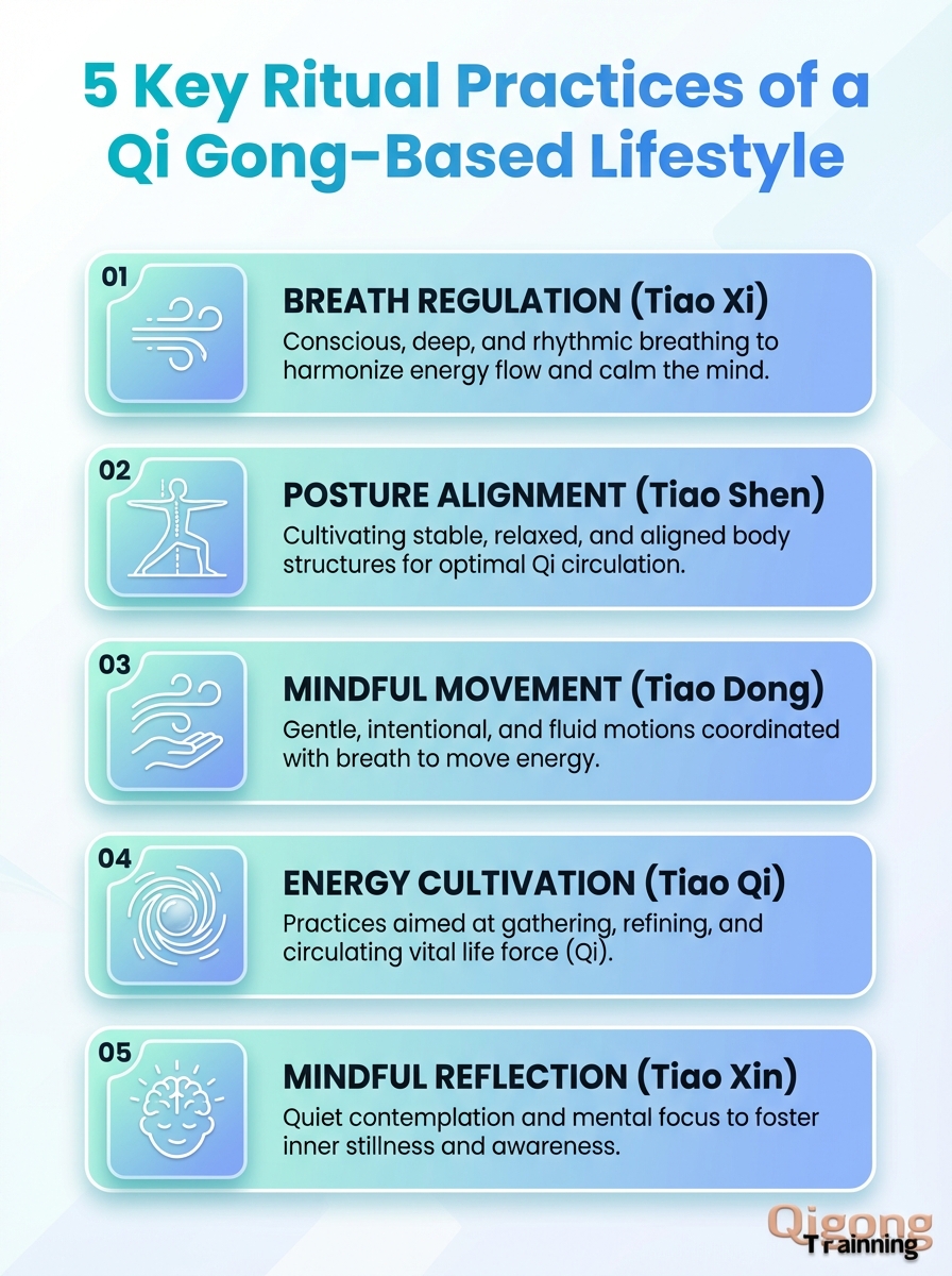 Infographic showing five ritual practices of a Qi Gong-based Chinese Baddie lifestyle.