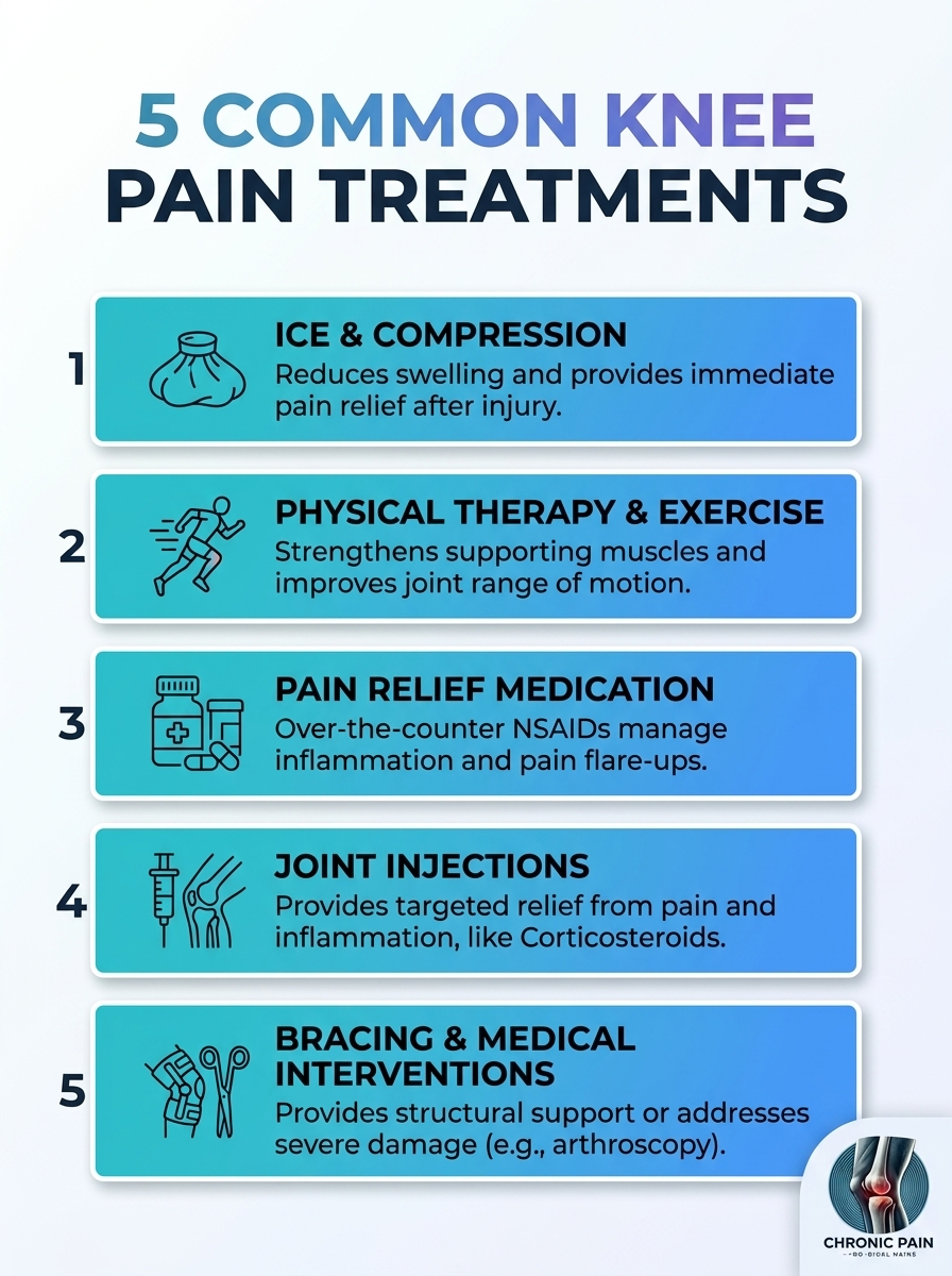 Infographic: 5 common knee pain treatments (rest, ice, physical therapy, meds, injections)
