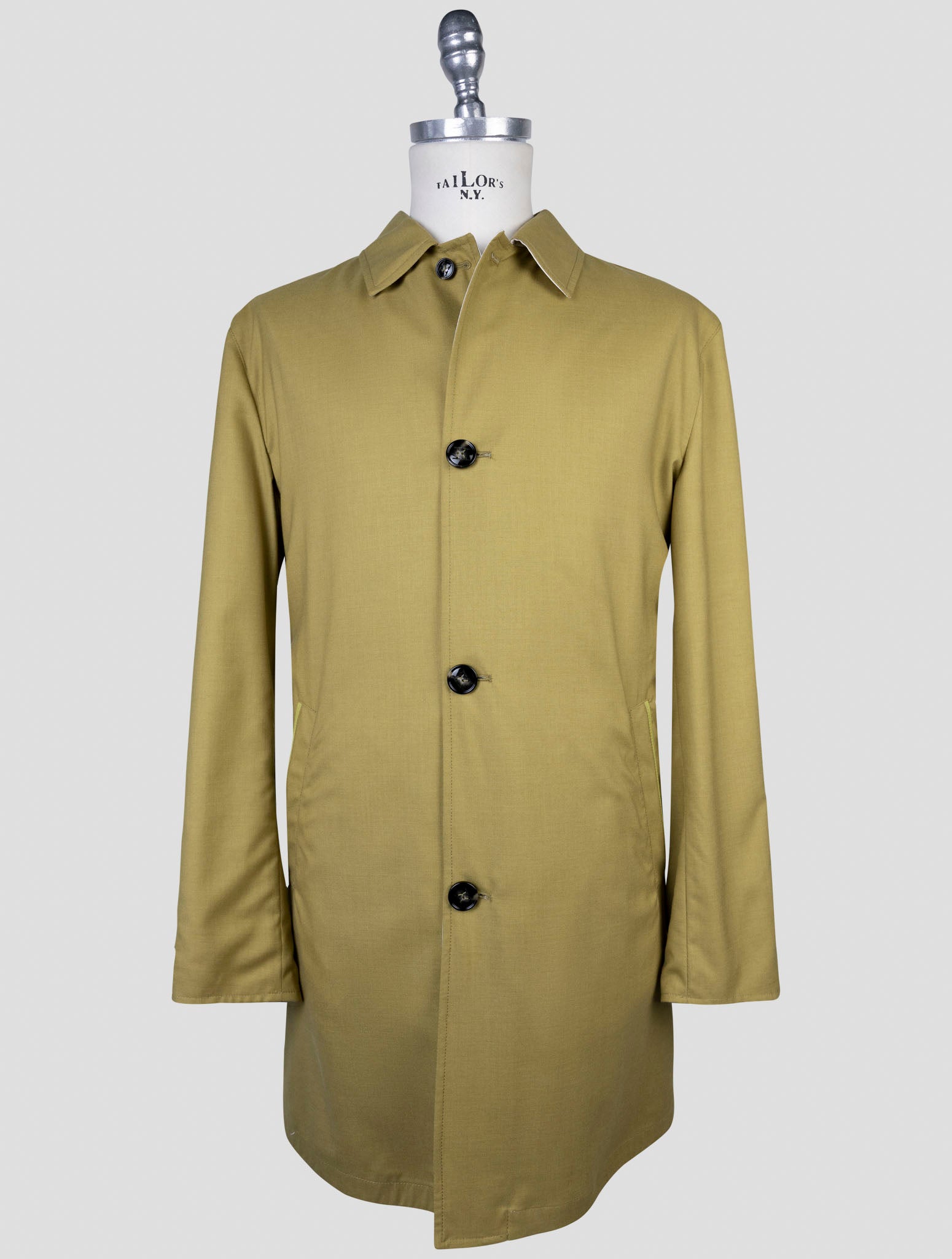 Kiton Green Beige Cashmere Silk Reverse Overcoat - Front View