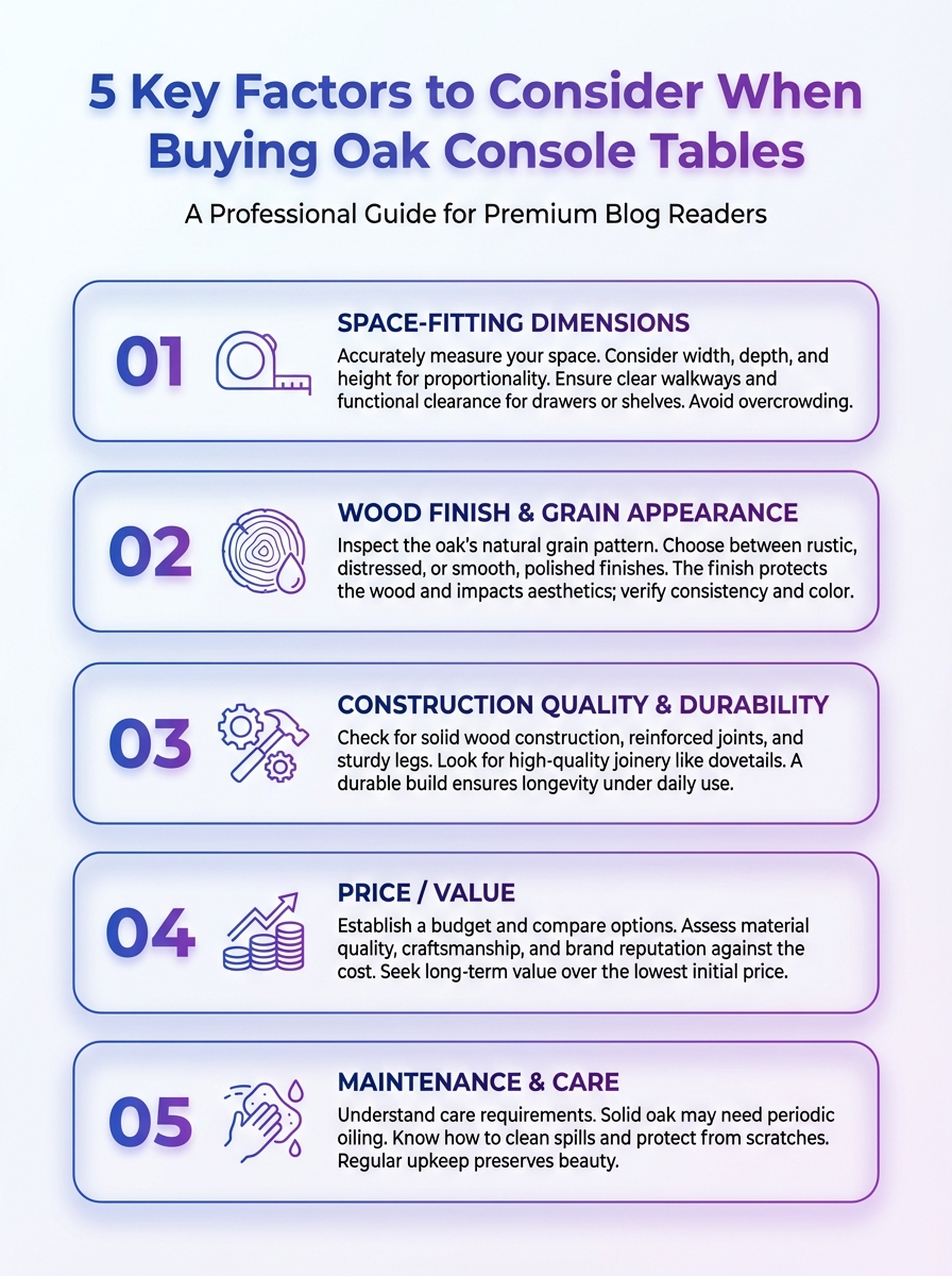 Infographic showing 5 key factors to consider when buying Oak console tables - materials, size, finish, price, and style.