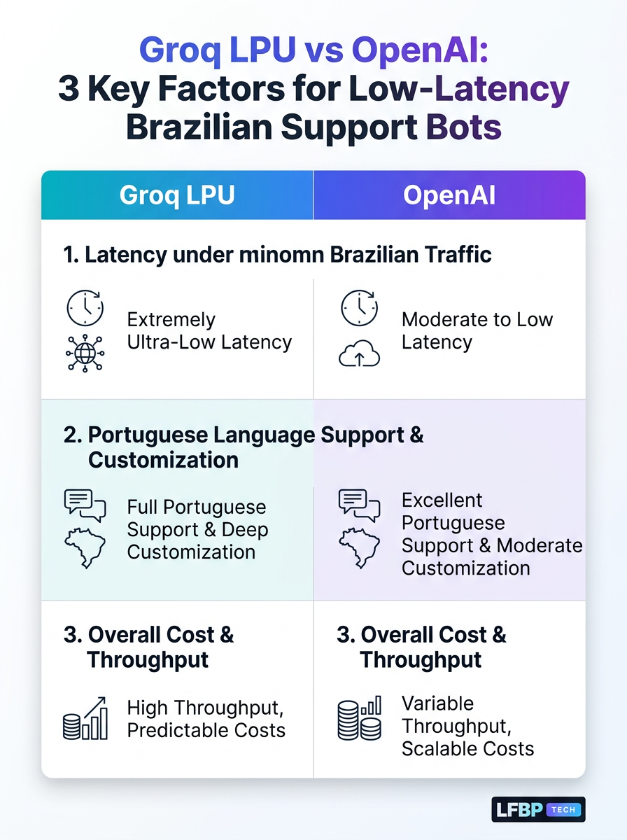 Groq LPU vs OpenAI: 3 key factors for low-latency Brazilian customer support bots (latency, throughput, cost)