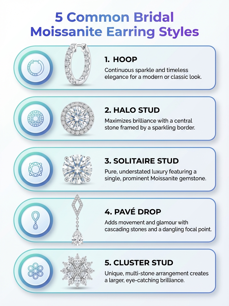 Infographic showing 5 common bridal moissanite earring styles for bridal earrings.