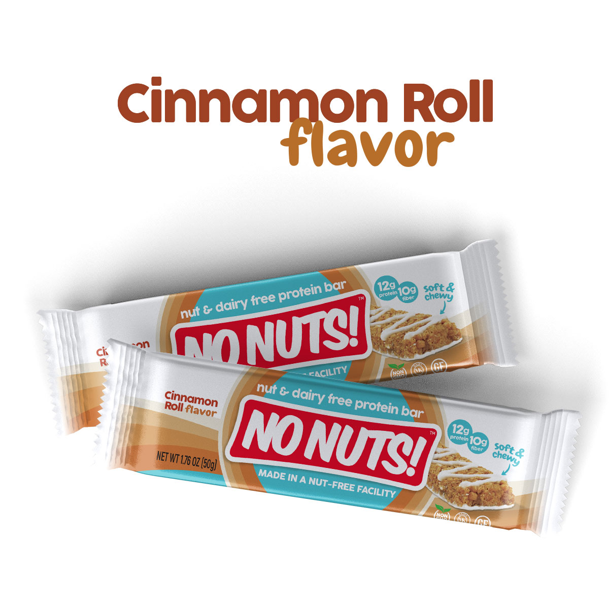 No Nuts! Cinnamon Roll snack bars - two bars on white background, nut-free and dairy-free