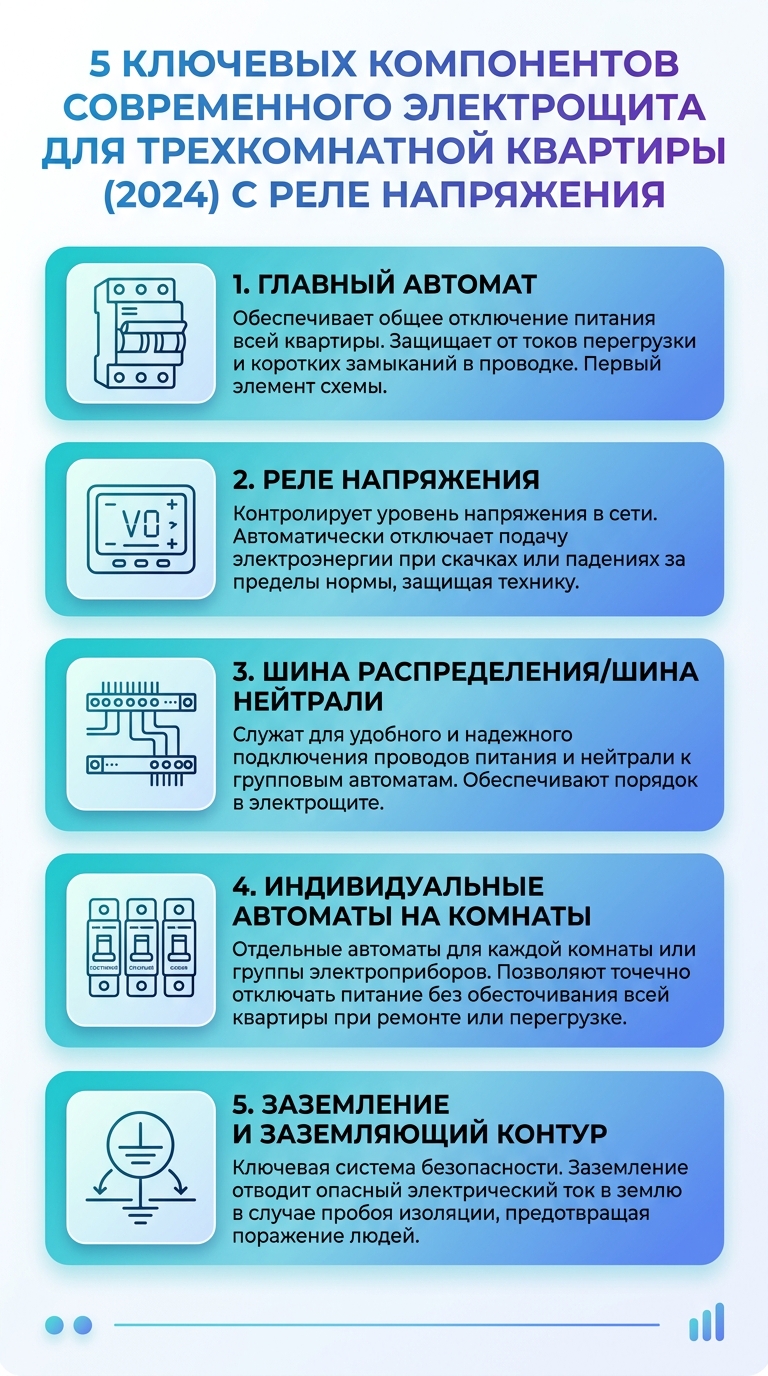 Инфографика: 5 ключевых компонентов схемы электрощита для трехкомнатной квартиры с реле напряжения