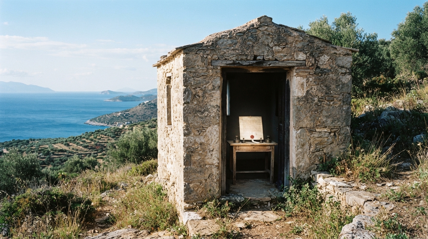 A small stone foundation building stands alone on a Mediterranean hillside, its open doorway revealing a simple charter