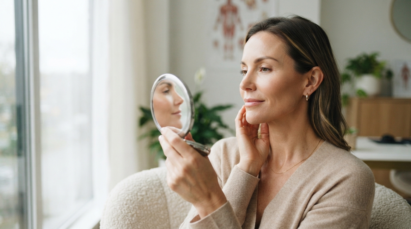 An adult patient examines their natural-looking cheek and jaw contours in a compact mirror beside a clinic window after a 