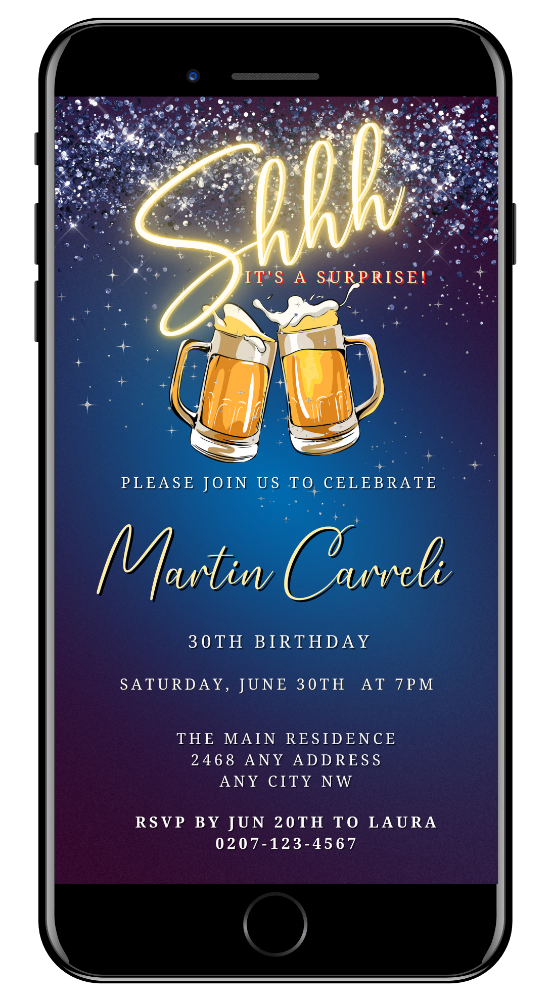 Men's Blue Gold Neon Surprise Party Evite with beer mugs