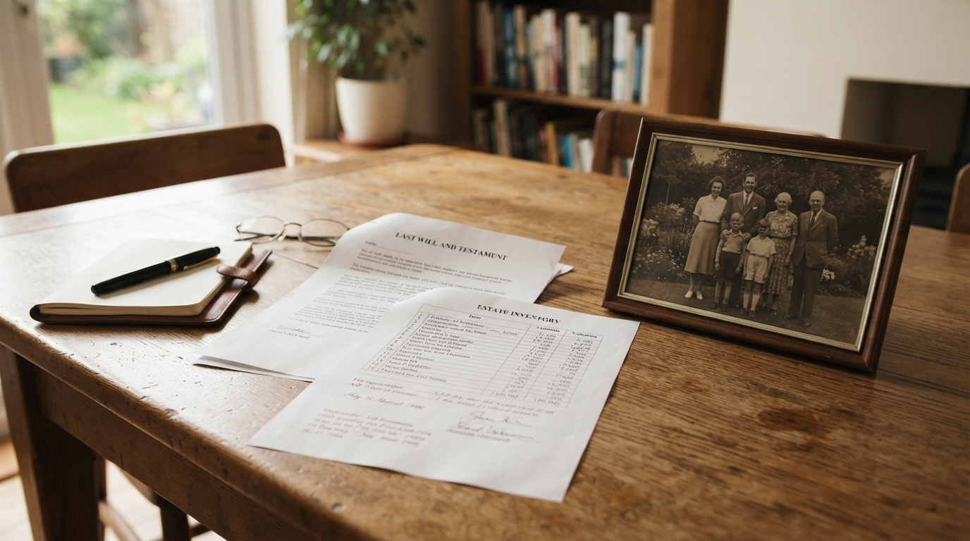 Inheritance papers, an estate inventory, and a family photograph rest on a warm wooden dining table in a quiet home.